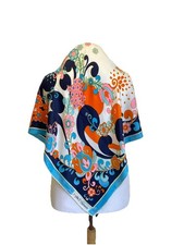 AS9 Odile St Germain Silk Scarf Blue Orange Floral Vintage Square Vintage