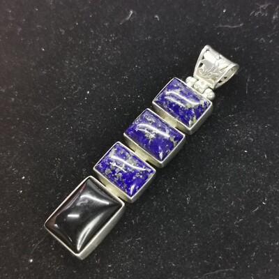 Großer silberner Lapislazuli und schwarzer Obsidian Anhänger nur 15,58 Gramm 7 cm x 1,3 cm