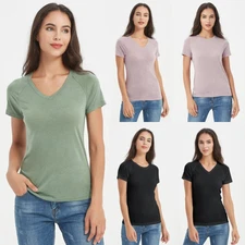 Womens Merino Wool Tencel T-Shirt Lightweight Wicking V Neck Base Layer Top