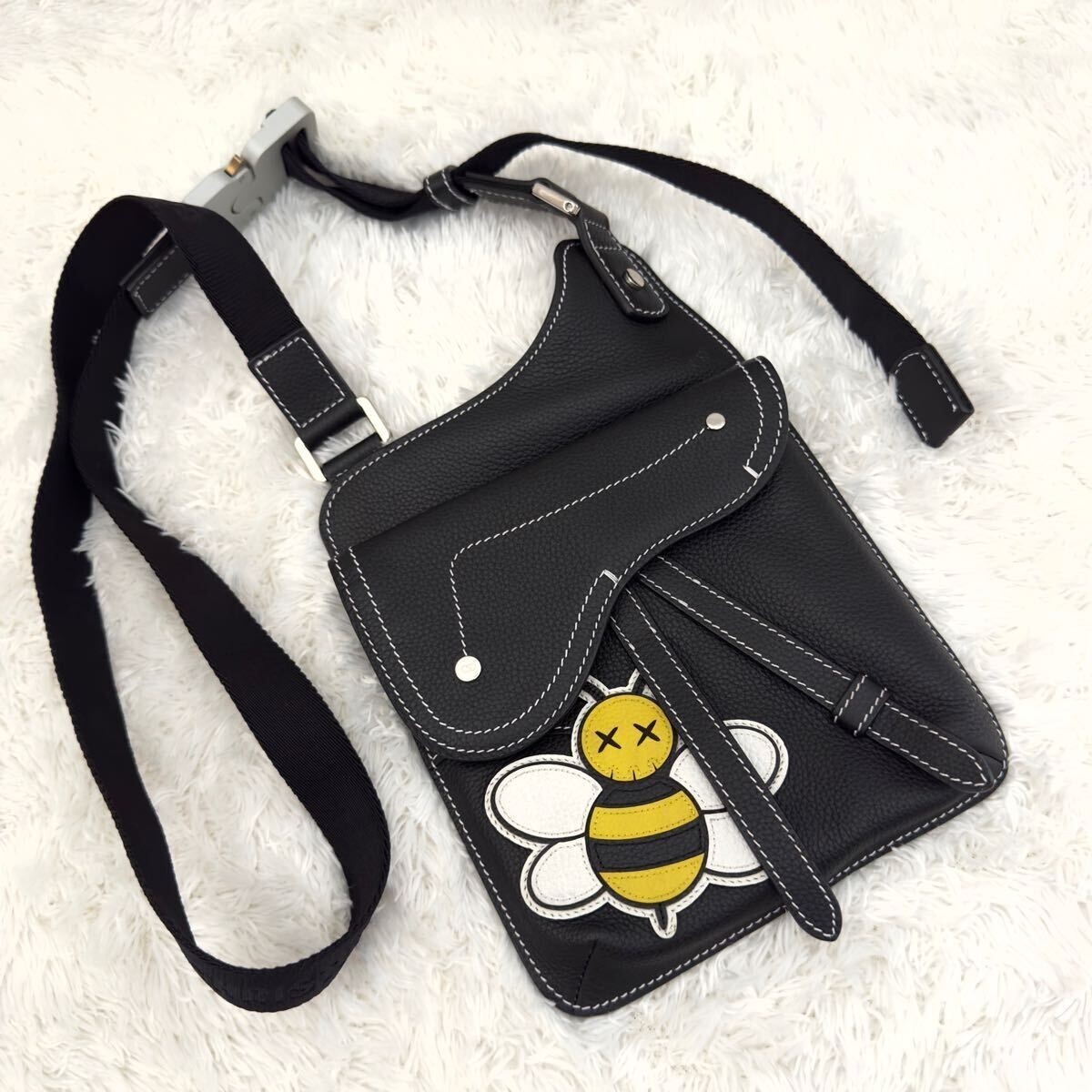 Christian Dior KAWS Saddle Shoulder Bag Bee Black Leather