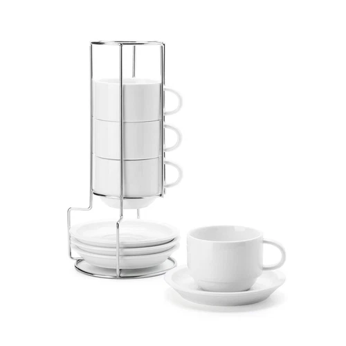 Sweese 406.401 Porcelain Stackable Cappuccino Cups with Saucers and Metal Sta...