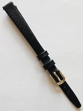 10mm / Long - Black Genuine Leather Watch Band - ( Gold Buckle / Pins Included )