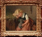 Handmade Old Master Art Antique Oil Painting Portrait girl Rabbit on canvas
