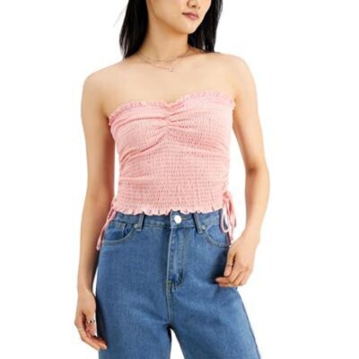 JR600 Crave Fame Pink Juniors' Smocked Ruched-Side Tube Top Size XL