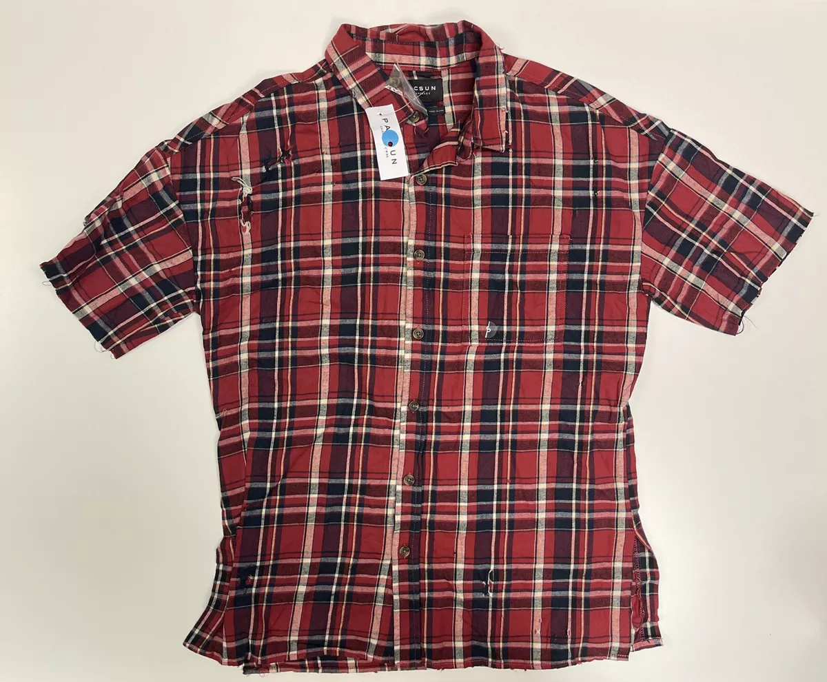 Pacsun Mens Small Red Plaid Boxy Fit Short Sleeve Distressed Flannel Shirt NEW