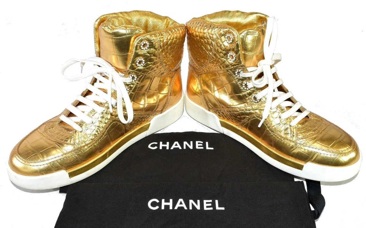 CHANEL Gold Croc Embossed High Top Sneakers 8.5 US, 38.5 EU 5.5 UK