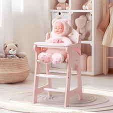 Baby Doll High Chair, Pretend Play High Chair with Seat Belt, Pink Wooden Baby D