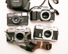 AS-IS Bulk Lot 4 Konica 35mm Film cameras AutoReflex T, FT-1, C35