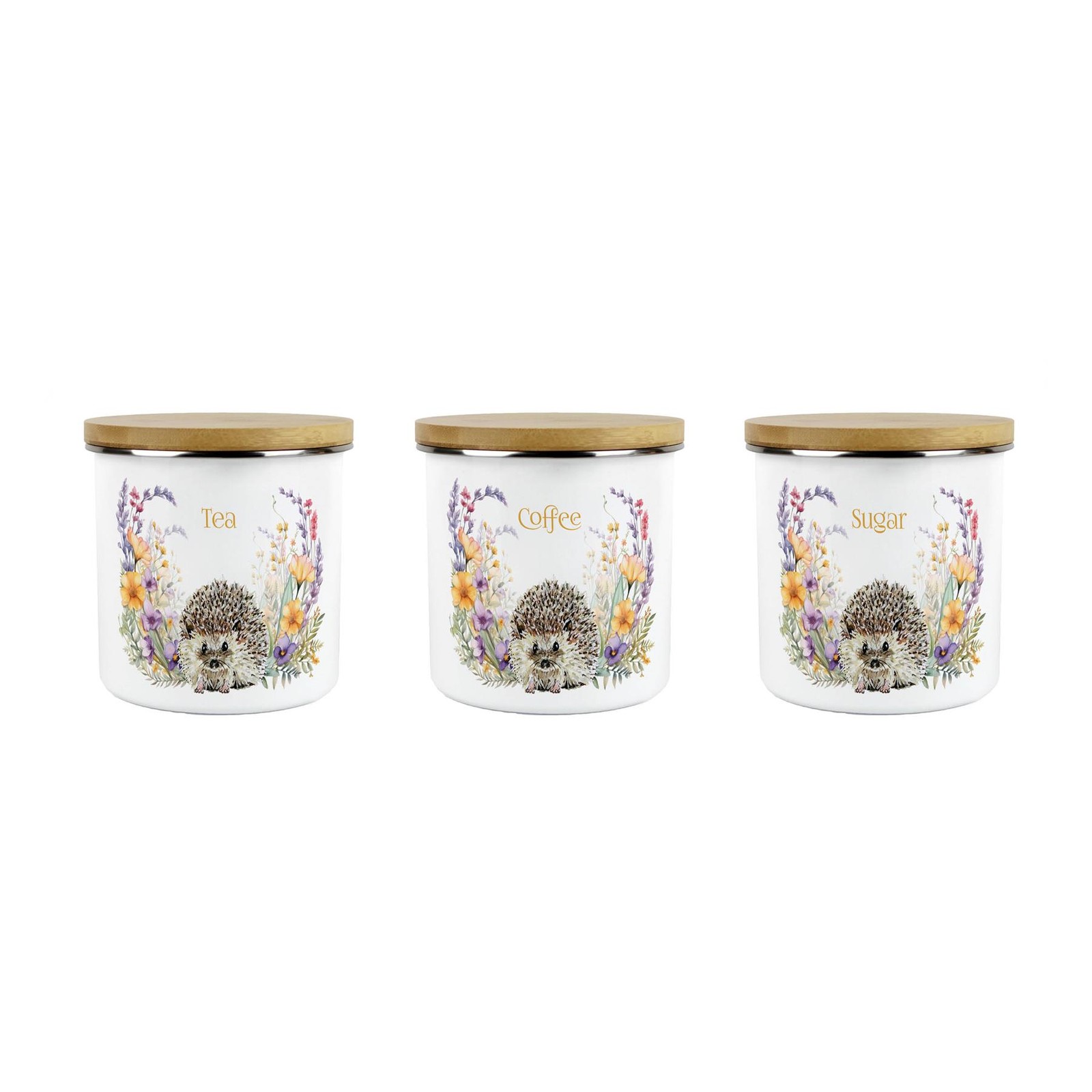 Floral Hedgehog Tea, Coffee & Sugar Canisters Set - Cute Wildlife Kitchen Gift
