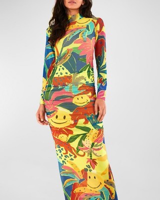 Farm Rio Smiley Dress NWT Ruched Mesh Midi Bodycon Jungle Print Long Sleeve Sz L