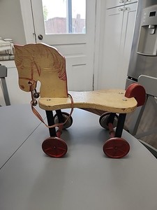 Vintage Wooden Horse w/ Red Metal Wheels & Bells Pull Toy- Holiday Display Treat