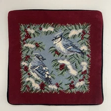 C&F Home Wool Needlepoint Winter Blue Jays Berries 14" Pillow Cover - No Insert