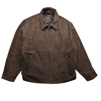 GAP Wool Blend Quilt Lined Bomber Jacket Mens XL Grid Check Brown Pocket