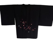 Black Butterfly Embroidered Japanese Haori Kimono Jacket, Black, Used