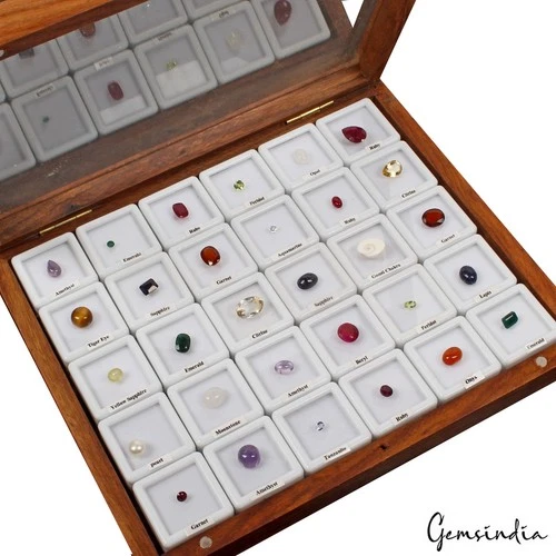 Wooden Gemstone Collector Display Box with 30 Compartment +Loose Stone Organizer