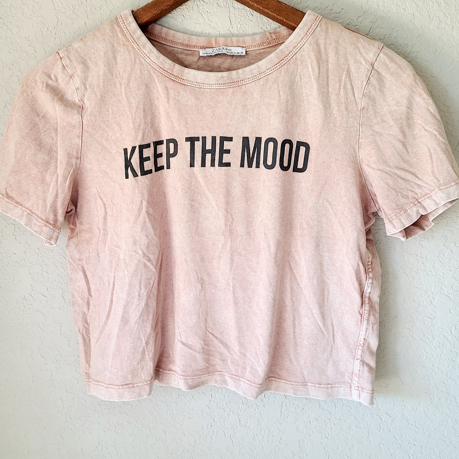 ZARA Shirt S Basic Distressed Pink Crop Tee KEEP the MOOD Womens