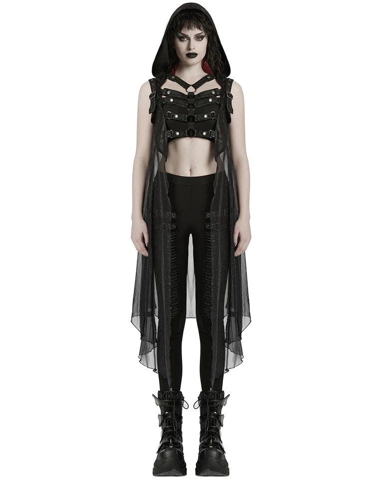 Punk Rave Womens Gothic Cyberpunk Hooded Harness Chiffon Cloak Cape - Image 4 of 4