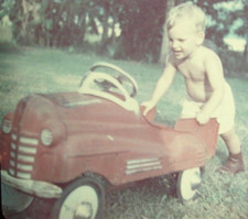 old vintage photo Blonde Boy Push 1940 STUCK Murray Fire Engine PEDAL CAR glossy
