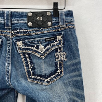Miss Me Jeans Women's 29 Cropped Dark Blue Stretch Denim Distressed Grunge Rock