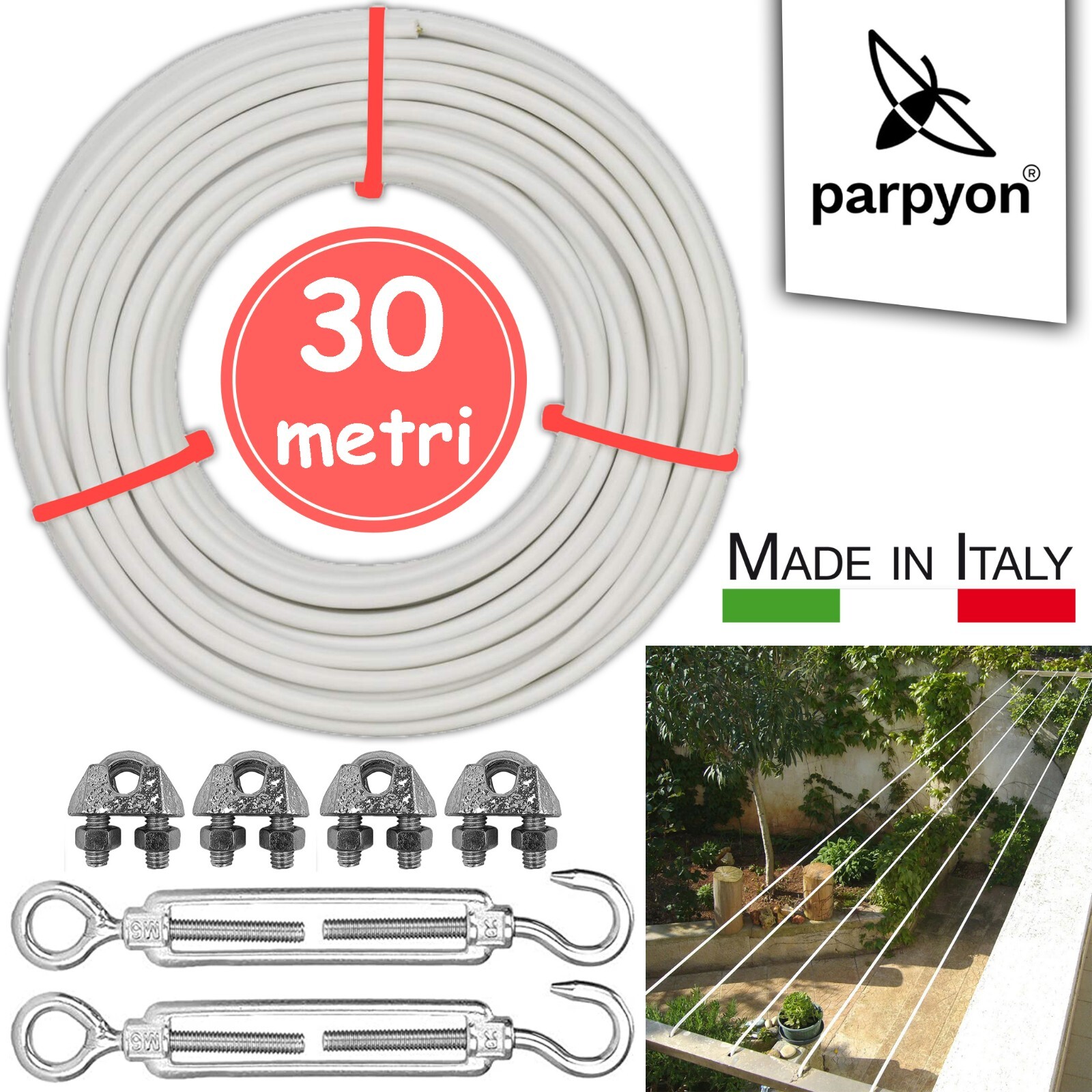 Filo Stendibiancheria Parpyon® - Acciaio Rivestito, 20 MT Con Kit Montaggio - Foto 7