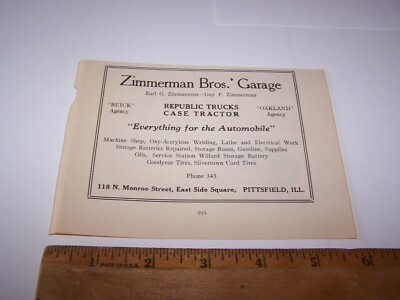 1919 ZIMMERMAN BROS GARAGE Paper Ad PITTSFIELD ILLINOIS Case Tractors BUICK