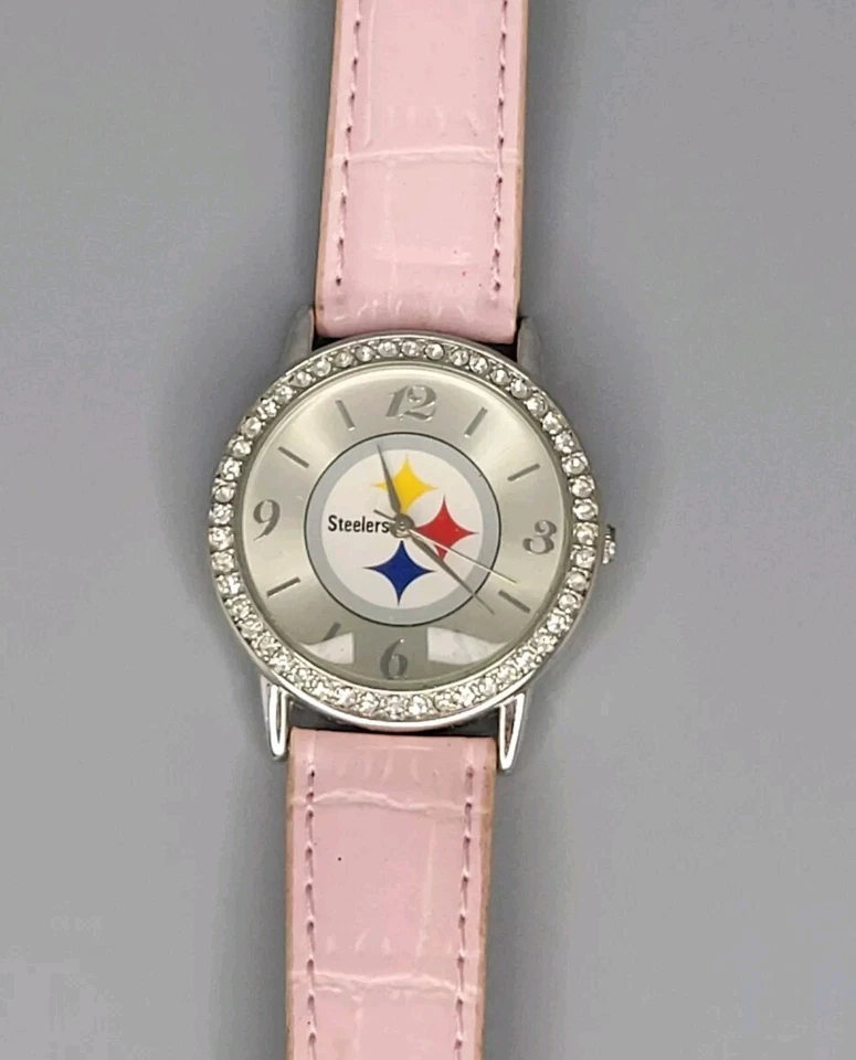 Vtg Avon Game Time Pittsburgh Steelers Silver Tone Crystal Bezel Pink Band Watch - Image 2 of 4