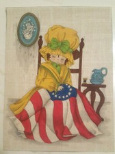 Vintage 11x14" Handpainted Tri Chem Fabric Girl sewing American Flag Betsy Ross