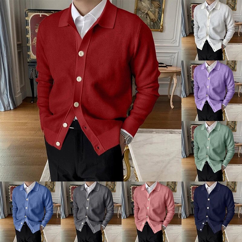 Cárdigan de punto informal para hombre con solapa abrigo botón manga larga suéter cárdigan chaqueta^ Foto 3 de 4