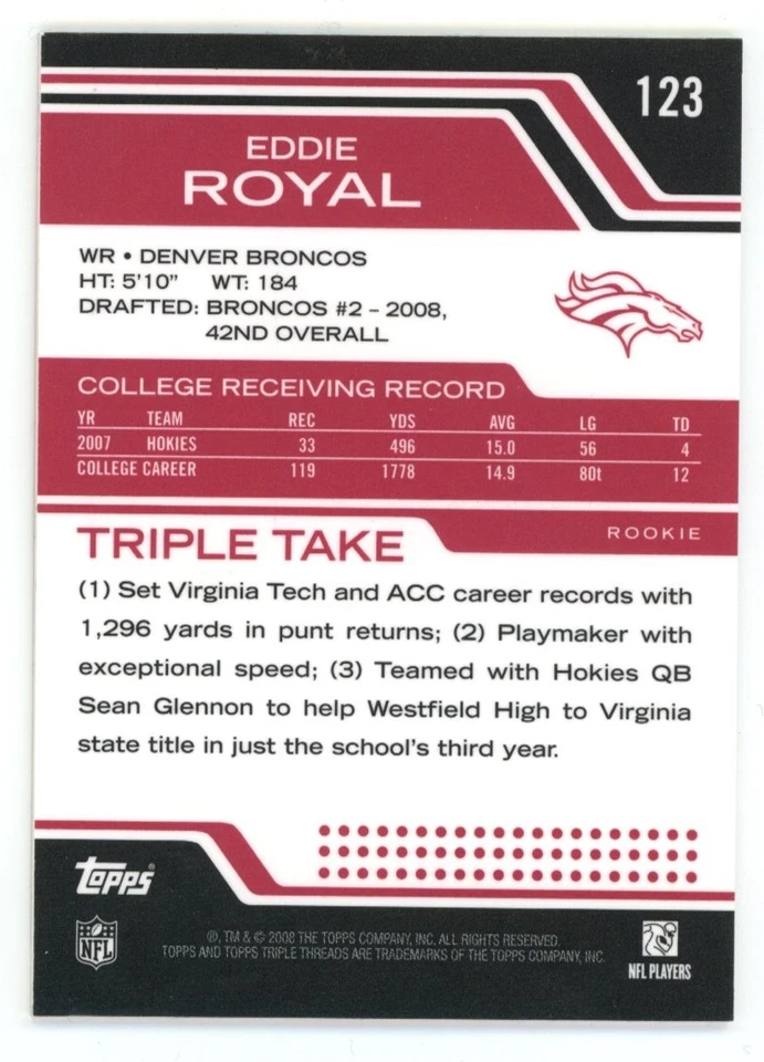 2008 Topps Triple Threads EDDIE ROYAL Triple Patch Auto (RC) #123 /89 - Image 2 of 2