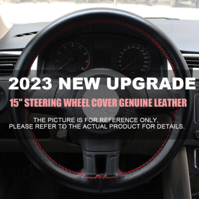 15" Genuine Leather Steering Wheel Cover For Chevy Silverado 1500/2500 (2007-2015) - Black 14 thumbnail image