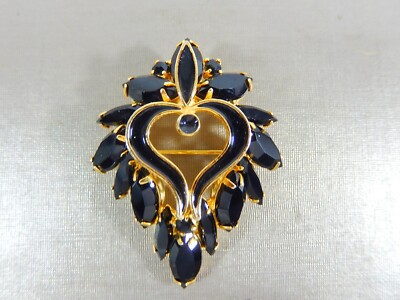 VTG HIGH END FLUER DI LIS BLACK MARQUISE PRONG SET RHINESTONE GT ENAMEL  BROOCH