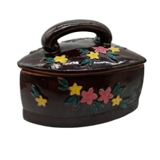 Vintage Clay Iron Shaped Sugar Bowl Trinket Box Made in Japan Brown Floral 
