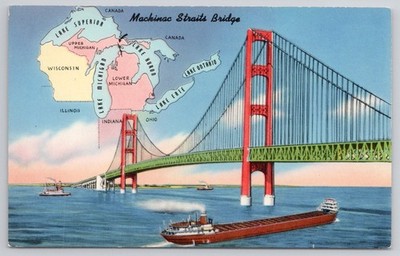 Mackinac Bridge Postcard w/ Great Lakes Map & Freighters, L. L. Cook Co. '57