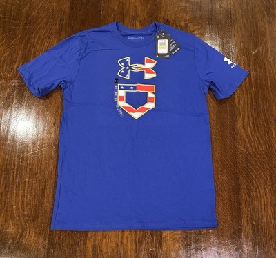 Under Armour Mens Medium Royal Blue Baseball Home Plate American Flag Shirt NWT
