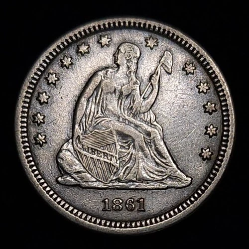 1861 25C Seated Liberty Silver Quarter - KM# A64.2 - XF Details