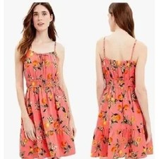 LOFT Coral Pink Orange Harvest Floral Linen Tiered Sun Dress Sleeveless Large