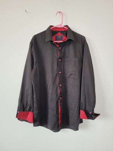 Flex Men's Black Dress Shirt Red Trim Button Down Formal Classy Business Large