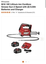 MilwaukeeM18 18V Lithium-Ion Cordless Grease Gun 2-Speed (2) 6.0 Battery Charger