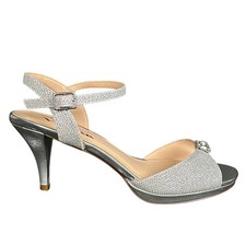 Nina Najia Silver Glitter Ankle Strap Heeled Sandals 7.5W Crystal Buckle Formal