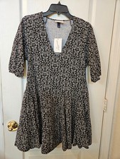 Universal Thread Mini A-Line Cotton Dress Puff Elbow Sleeves Black Floral Small