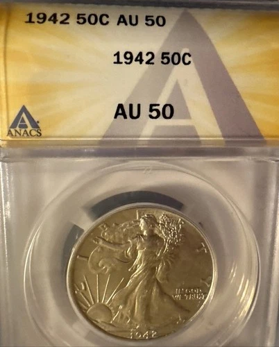 1942 50C Walking Liberty Half Dollar. AU 50 ANACS Professional Graded Nice