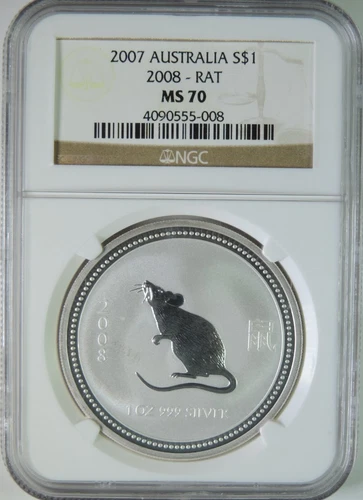 2007 (2008) Australia Lunar Year of the Rat 1oz .999 Silver $1 Coin NGC MS70