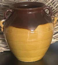 Vtg Glazed Terracotta Jug Confit Pot Vase 2 Tone Brown Gold Unique Handle Rings