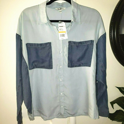 William Rast Juniors Dania Chambray Button Down Colorblock Top Oversized Small