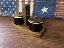 Vintage Wood And Stoneware Primitive Sugar And Creamer Set Made In USA