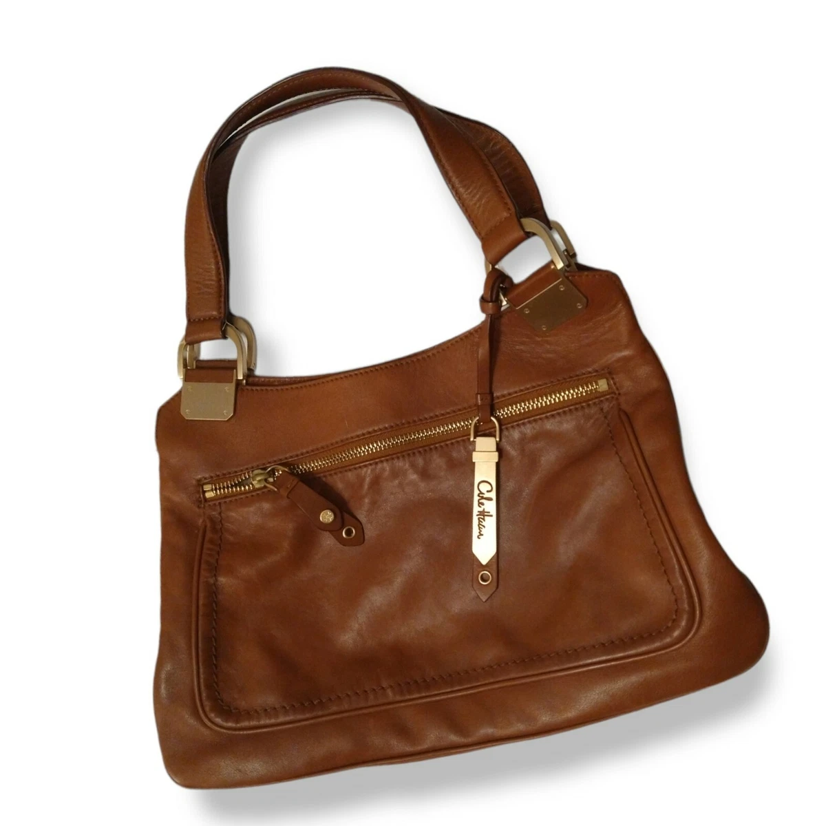 COLE HAAN VTG Leather Satchel Purse Handbag London Tan B24616 Double Straps