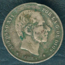 1885 Spanish Philippine ALFONSO XII 20 Centimos De Peso Silver Coin C