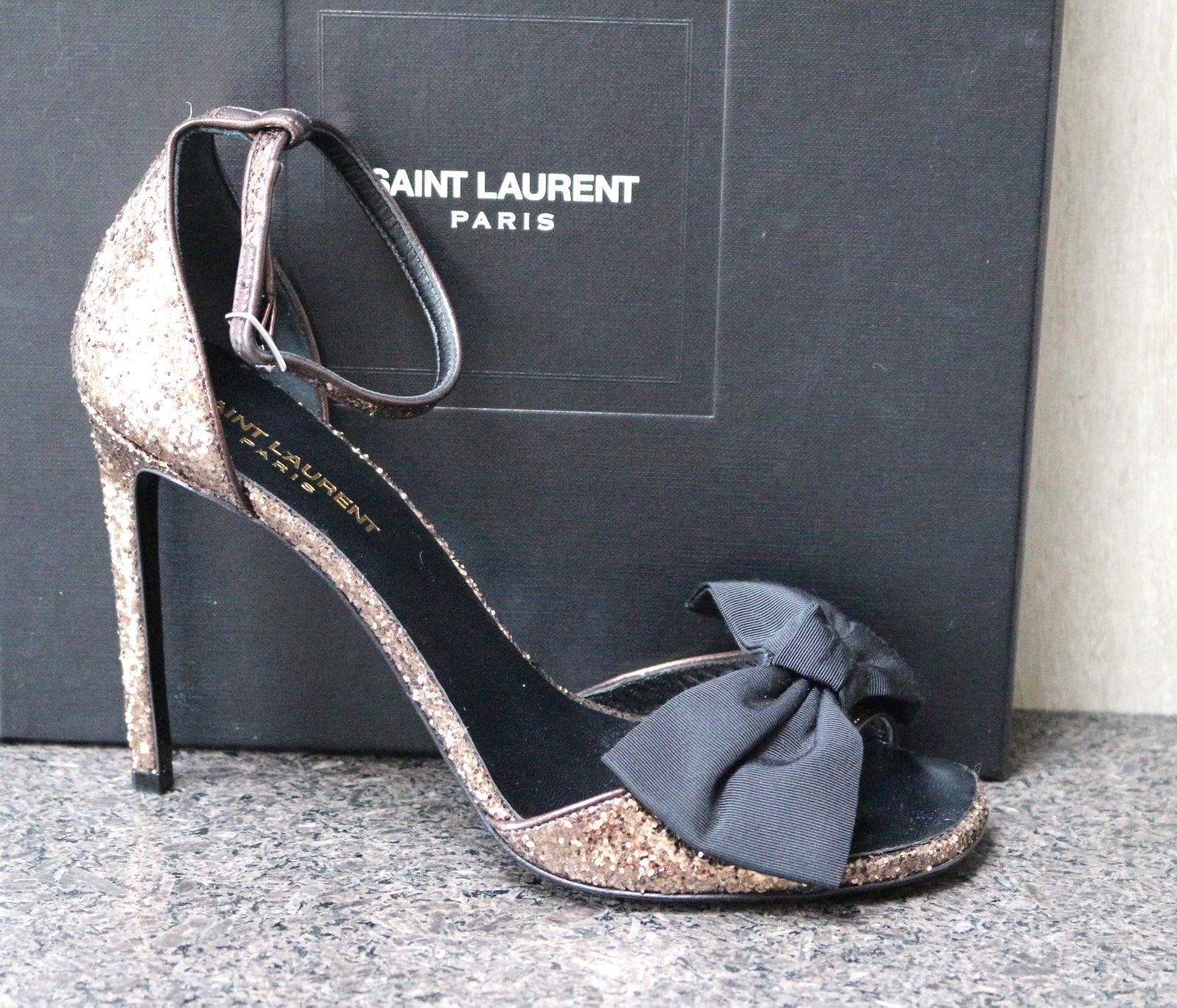 NUOVI CON SCATOLA YSL SAINT LAURENT JANE 105 GALACTICA MARRONE GLITTER ZEPPO BLK SANDALI 39