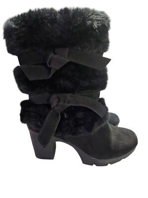BEARPAW Bridget Suede and Faux Fur Block Heel Boots Black