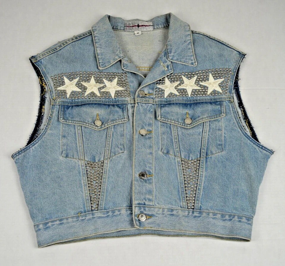 Chaleco Jean Vintage Robin Berry Talla M Años 80 Azul Claro Blanco Estrellas Tachonado Foto 3 de 4